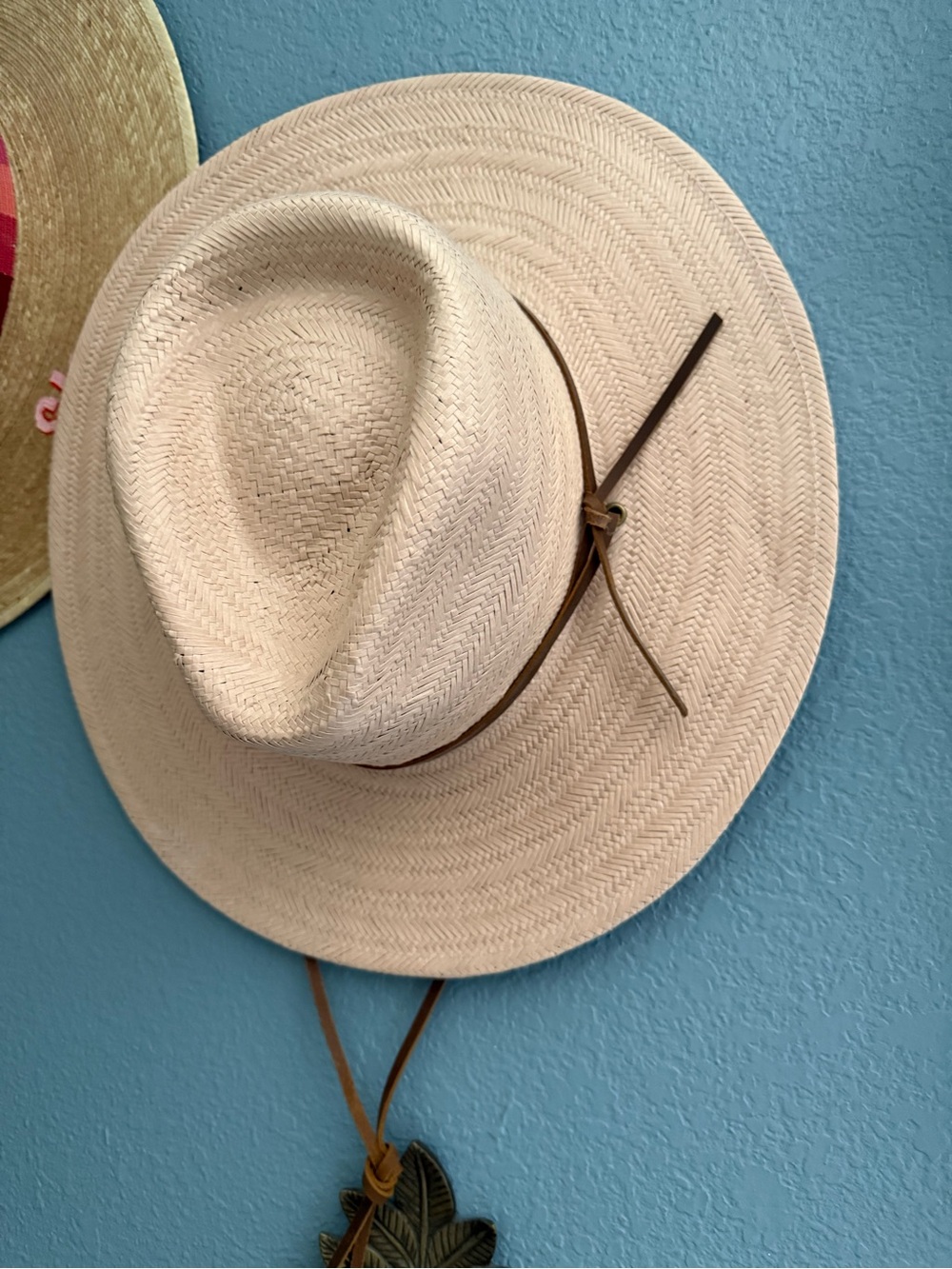 Wyeth Blush Pink Straw Sun Hat with Brown Leather Band
